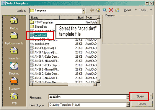 AutoCAD 2005 Select Template Dialog Box