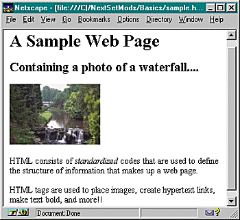 [Graphic of web page that results from the HTML source code at left.]