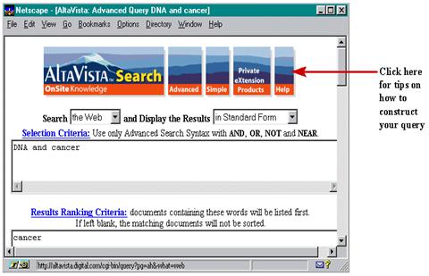 Screen shot of AltaVista(TM), with a complex query and a pointer to the help button