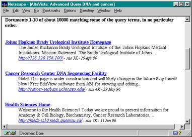 Screen shot of results in Alta Vista