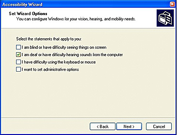 Accessibility Wizard: Set Wizard Options: Sound options
