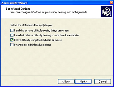 Accessibility Wizard: Set Wizard Options: Mobility options