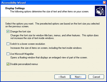 Accessibility Wizard: Display Settings: Disable personalized menus