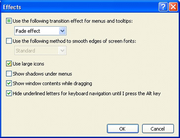 Control Panel: Display: Appearance tab: Effects dialog box: Use large icons