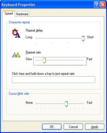 Control Panel: Keyboard: Speed tab: Character repeat: Repeat delay and Repeat rate