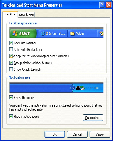 Control Panel: Taskbar and Start Menu: Taskbar tab: Keep the taskbar on top of other windows