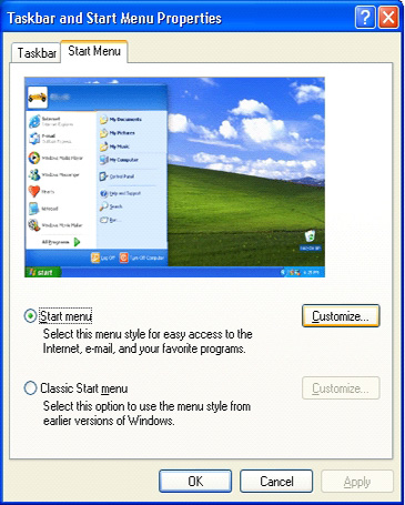 Control Panel: Taskbar and Start Menu: Start Menu tab: Customize button