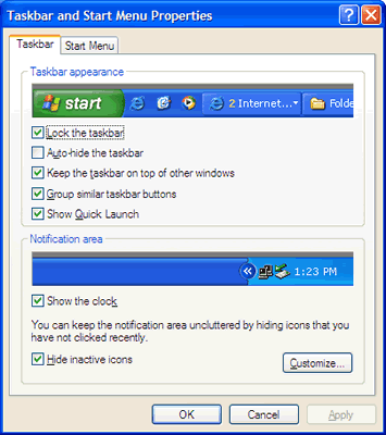 Taskbar and Start Menu Properties dialog box 