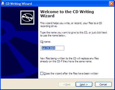 CD Writing Wizard screen