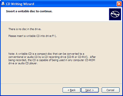 CD Writing Wizard screen