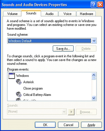 Control Panel:�Sounds tab:�Sound scheme